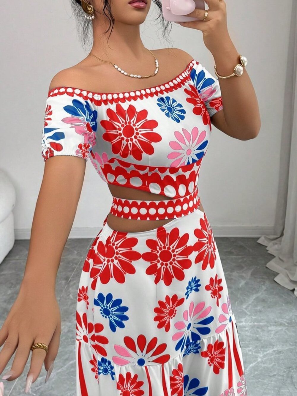 Boho Women's Casual Floral Print Off Shoulder Tie-Waist maxi Dress - Picture 4 of 7